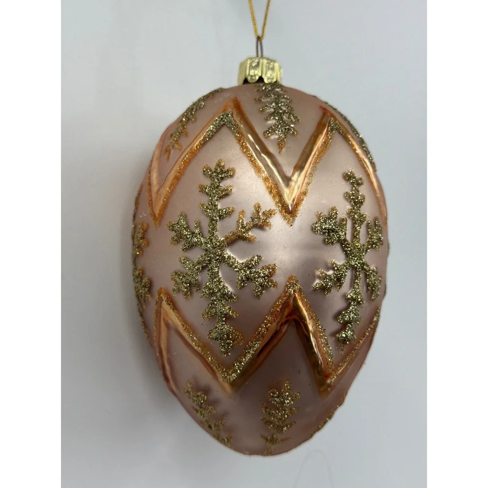 Santa's Best Glass Egg Christmas Ornament Pink‎ Gold Glitter Snowflake Vintage
